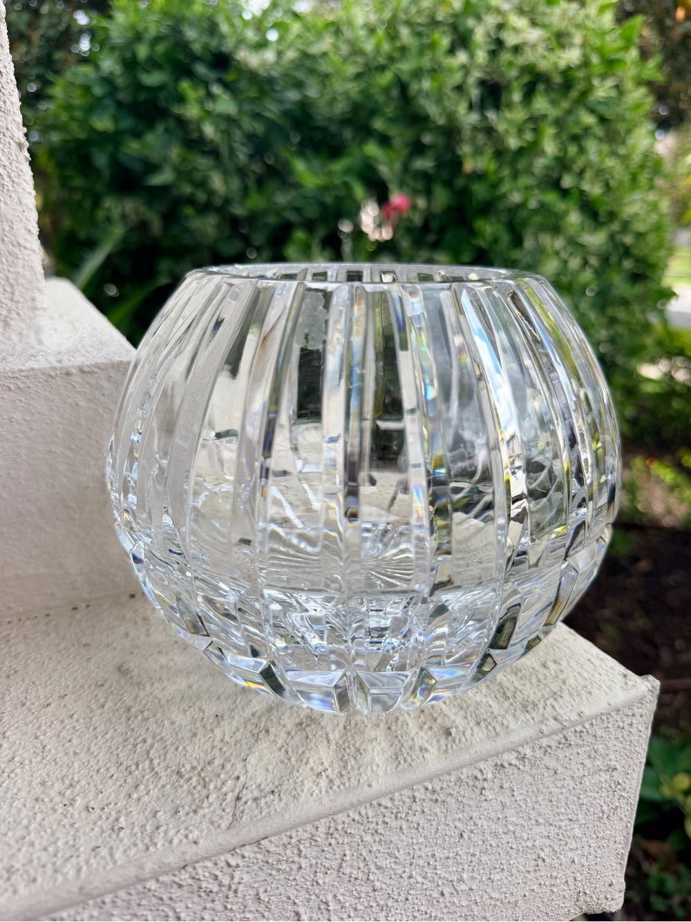 Vintage Clear Crystal Globe Rose Bowl Vase Ribbed Cut Glass Starburst 5”